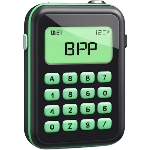 90s style pager, black with light green digital screen reading BIP in pixel letters, rounded edges, buttons, modern iOS emoji style, soft highlights, subtle shadows emoji