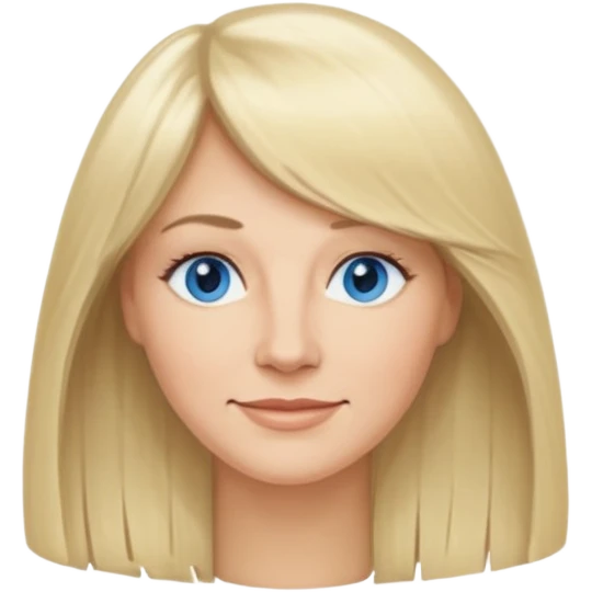 45 yr old white woman, curtain bangs, very long straight blond hair, oval face, small smile, blue eyes, thin face, hair down to elbows emoji