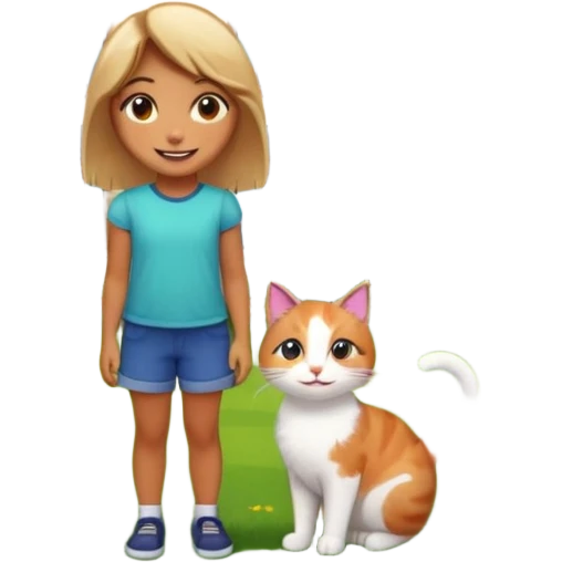 Девушка купила дом и стоит на фоне дома. Вокруг участок, деревья, зелень, цветы, кот emoji