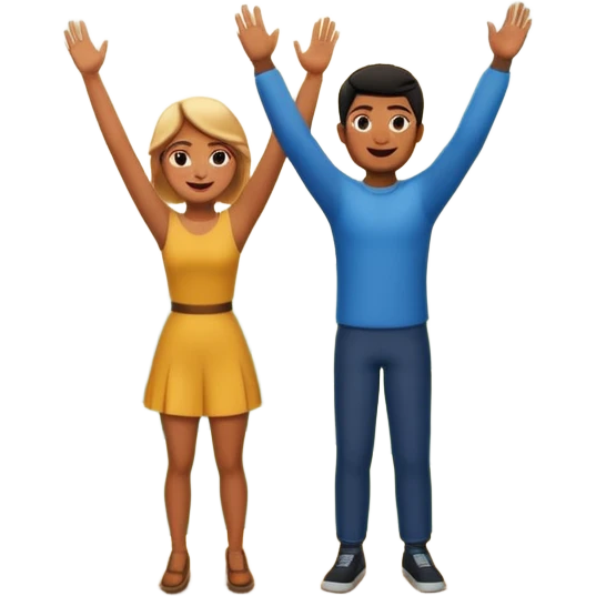 A 3D cartoon couple on top of a hill raising hands in victory, sunny sky and nature background, Memoji-style. inside photo frame. emoji
