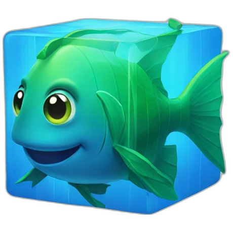blue magic cube with a green face and a green fish fin emoji