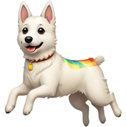 Beautiful White belgian Shepard jumping Cheerful  over Rain puddles. There is a rainbow in the sky and Autumn forest in the background emoji