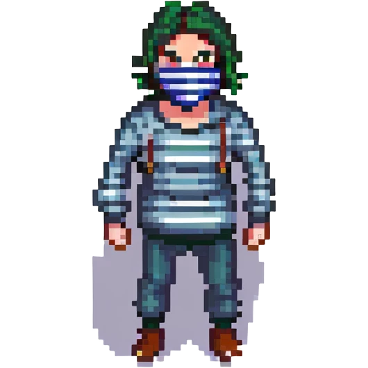 a thief character, pixel art style, with a striped shirt and mask, tiptoeing emoji