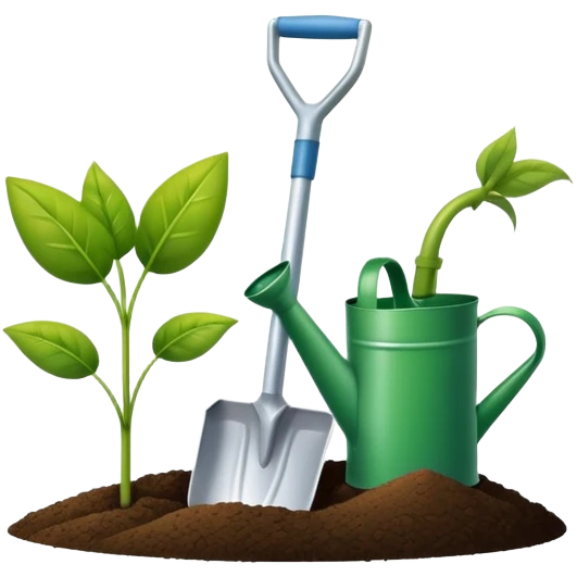 An icon featuring a shovel, a plant symbolizing agronomy. The design includes crops, a field, and a watering can, representing the science of soil management, crop production, and sustainable farming. Transparent background highlights agricultural research and growth. emoji