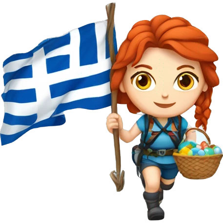 Female winter mountaineer red hair white skin climbing with Greek Flag and Easter eggs basket emoji