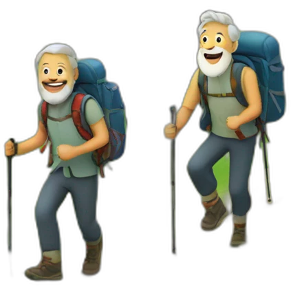 Older men and a younger men with a beard hiking up a mountain emoji