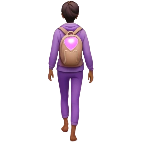 A small figure walks back across a foggy bridge, holding soft pink and purple orbs in each hand—symbolizing compassion and forgiveness. A gentle heart aura trails behind them, showing healing in motion. emoji