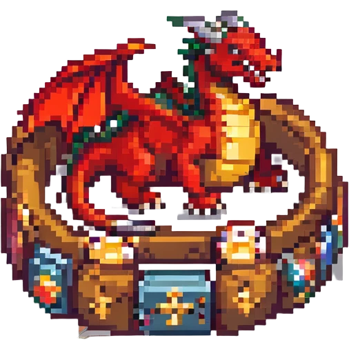 pixel art dragon, red, curled around treasure emoji