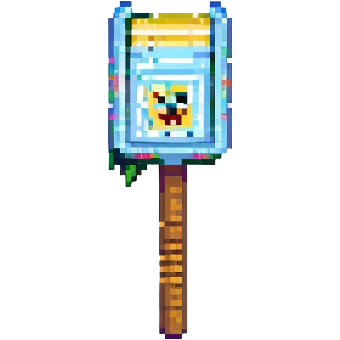 pixel art, Minecraft first-person view, Spongebob Squarepants holding a pickaxe, inventory bar at the bottom emoji