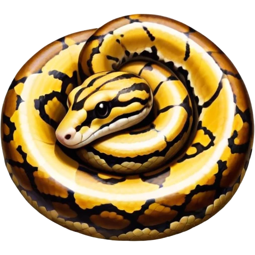 A photo-realistic top-down view of a Ball Python gently coiled into a tight spiral, with its head resting peacefully at the center. Its scales are warm brown with bold, irregular black markings, including the distinctive “alien-head” pattern, flowing smoothly along its body.  emoji
