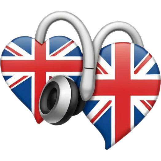 Minimalistic flat vector icon, iOS style, thin black contour on white background. Ear icon with sound waves and small UK/USA flag symbol. Clean, no text, no shadows emoji