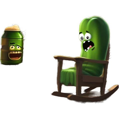 Pickle Rick pounding down a beer on his porch siting in a rocking chair at sunset while his wife is yelling at him through the door that is creeped open of his wooden cabin emoji