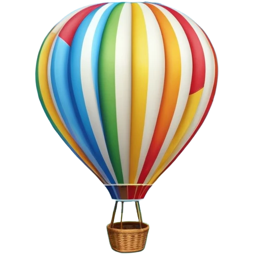 A colorful hot air balloon floating gracefully above the ground, with a clear sky and distant hills in the background. The balloon's vibrant colors stand out against the soft clouds, capturing the peaceful yet adventurous spirit of hot air ballooning. emoji
