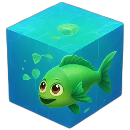 blue magic cube with a green face and a green fish tale emoji