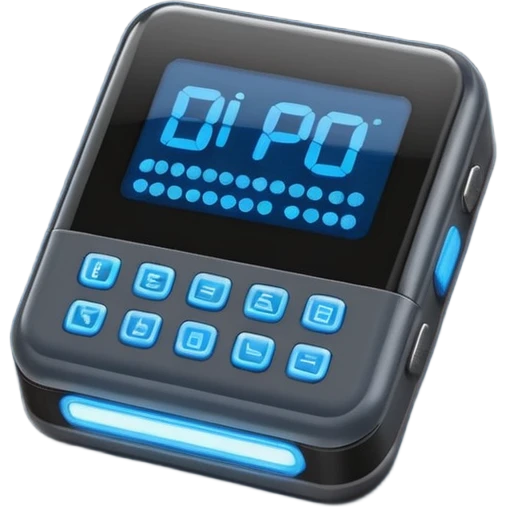 dark gray pager with digital display glowing blue, showing BIP in pixel-style text, rounded edges, few buttons, clean flat iOS emoji style, soft shadows and highlights emoji