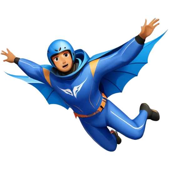 A daring wingsuit athlete soaring between towering mountains, with their wingsuit fully stretched, cutting through the air at high speed. The background features dramatic cliffs and a vast sky, emphasizing the thrill and freedom of base jumping. emoji