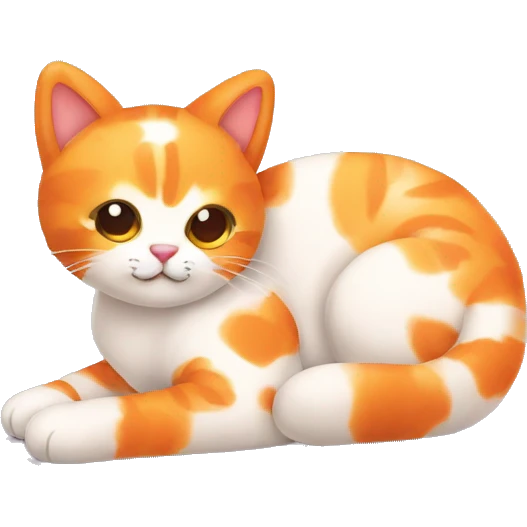 Cute stuffed animal cat laying on it’s stomach with orange splotches emoji