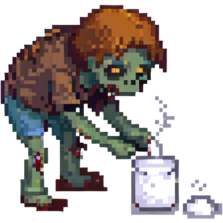 A zombie Leo  sniffing white powder with a background lab in the style of a pixel art emoji