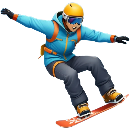 An icon showing a snowboarder performing an exciting jump on a snow-covered slope. The background features towering mountains, snow-covered trees, and a bright, clear sky. Transparent background highlights the speed, agility, and thrill of snowboarding. emoji