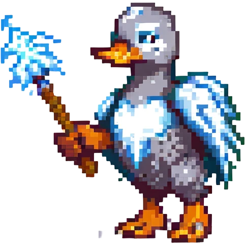 pixel art duck wielding Mjolnir, lightning rod emerging from the hammer, with sparks of electricity emoji