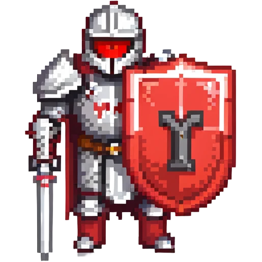 Knight with red and black armor holding a shield with the letter M on it emoji