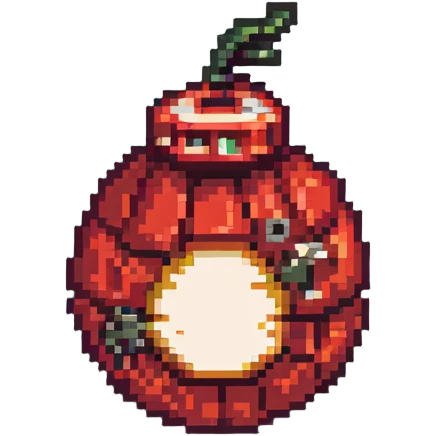 Red digital bomb with flame-shaped fuse on top, round bomb body with red highlights and details, pixel art style emoji