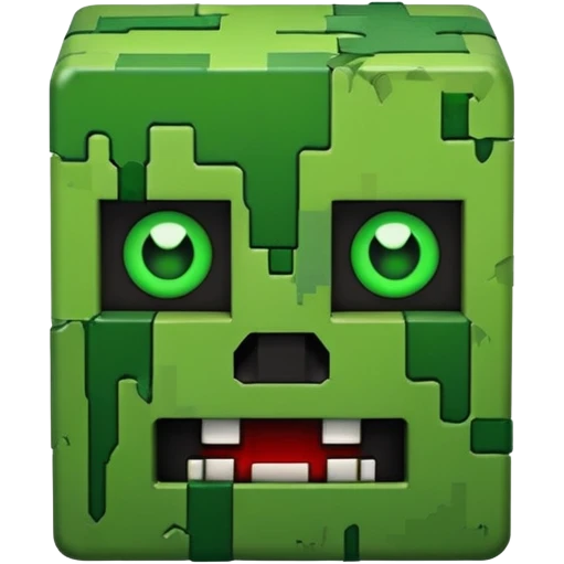Minecraft creeper creature with sinister crooked looking and is creepy nightmarish and it looks like a creepy bloody green face emoji