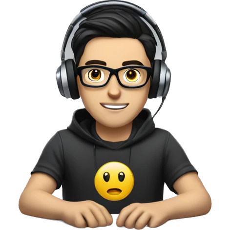 white boy with dark hair and glasses wearing gaming headset and sitting at desk on desktop computer   emoji