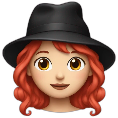 A girl with red hair and wearing a black hat with Hello Kitty drawn on it  emoji