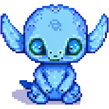 Stitch, the blue alien, sitting and looking curious, pixel art style emoji