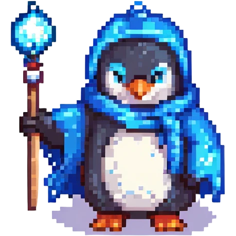 pixel art penguin wizard with a blue robe and sparkling wand emoji