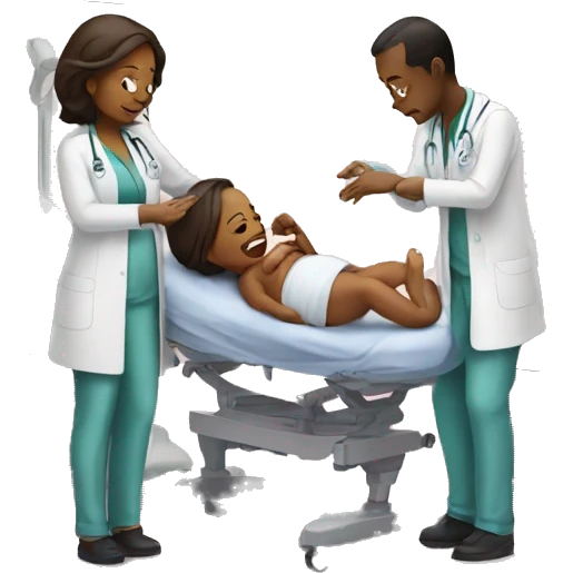 a woman gives birth and doctors stand nearby emoji