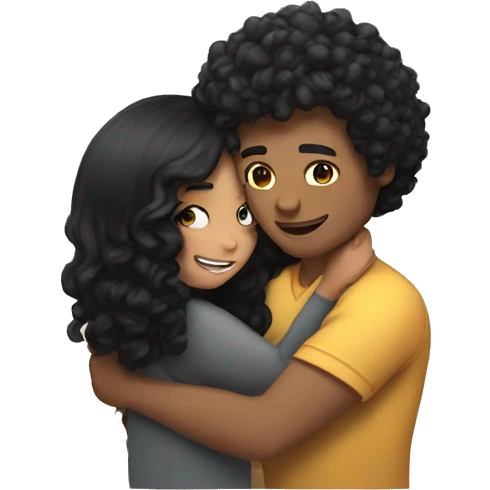 Man with brown curly hair hugs a girl with long black hair emoji