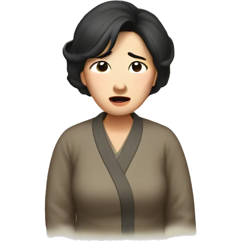 Middle-aged Korean woman in her 40s, with only one hand on her head, distressed face, black hair emoji