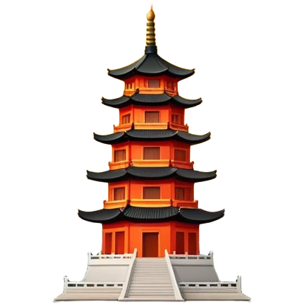 Leifeng Pagoda in the Sunset, West Lake Hangzhou, simplified emoji style, traditional Chinese pagoda with sunset glow, cartoon style emoji