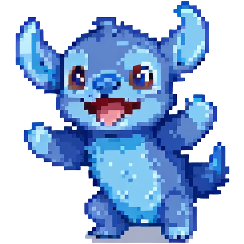 Stitch from Lilo & Stitch, pixel art style, jumping, excited expression, blue fur emoji