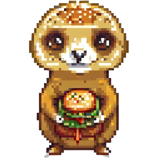 a meerkat face holding a burger in front of it, pixel art style emoji