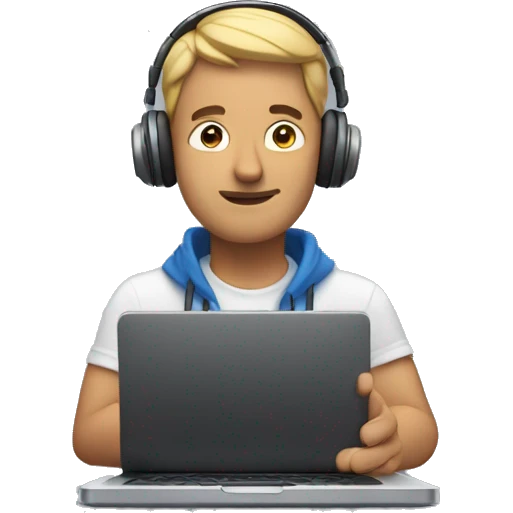 man in headphones talking hold laptop and phone only upper part of body  emoji
