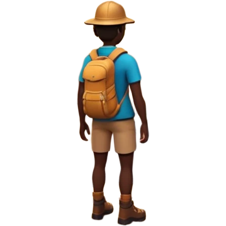 A 3D cartoon hiker silhouette standing on a rocky path at sunset, warm golden light, Memoji-style rendering. emoji