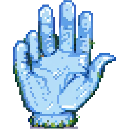 pixel art of a waving hand with a friendly expression emoji