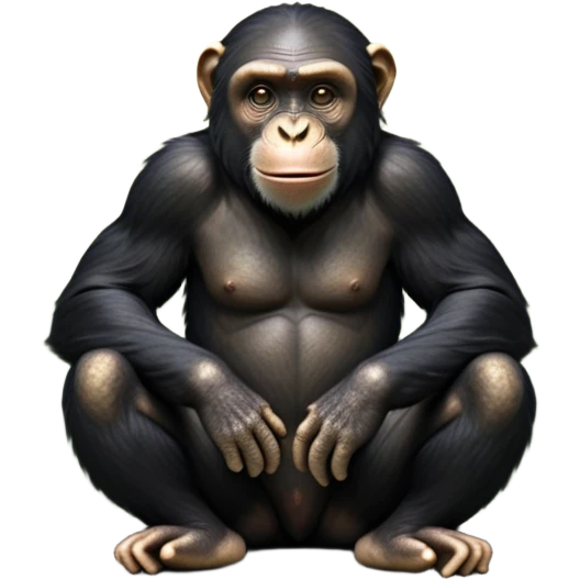 cinematic-noble chimpanzee-realistic-full-body-sitting-emoji,-long-powerful-arms-resting-on-its-knees,-expressive-dark-eyes-filled-with-intelligence-and-curiosity,-coarse-black-fur-textured-and-detailed,-softly-wrinkled-face-hinting-at-a-mischievous-smile,-slightly-open-mouth-showing-a-glimpse-of-teeth,-simplified-yet-realistic-focused-features,-highly-detailed,-glowing-with-a-warm-jungle-light

 emoji