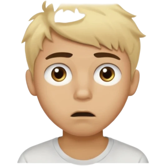 Short buzz, messy blonde hair. Dark brown bushy eyebrows large expressive golden-brown eyes, wearing a plain white t-shirt. Male Teenager. light Dark Brown skin color. Confused mouth gape emoji