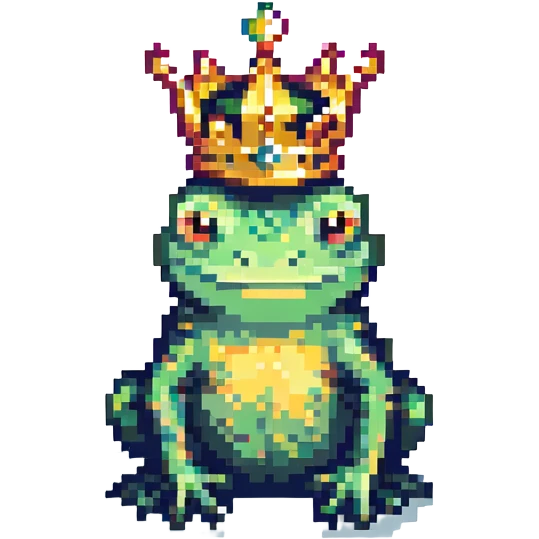 pixel art crowned frog standing, gold crown, green body, no background emoji