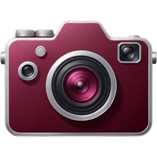 Simple camera icon silhouette, dark wine red, minimalist flat vector, clean lines, transparent background, centered composition emoji