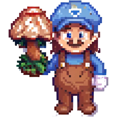 Mario holding a mushroom, pixel art style, classic outfit, playful emoji