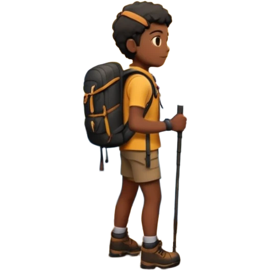 A 3D cartoon hiker silhouette standing on a rocky path at sunset, warm golden light, Memoji-style rendering. inside photo frame. emoji