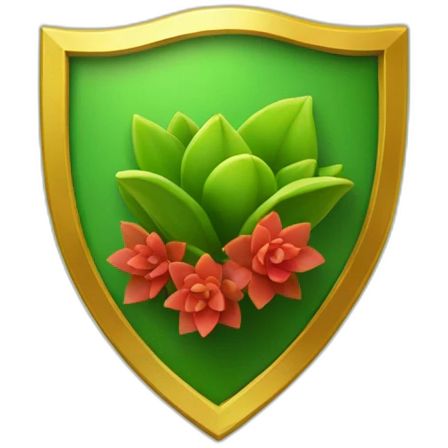 green shield with a gold border and a sprouting gold and red succulent at the centre emoji