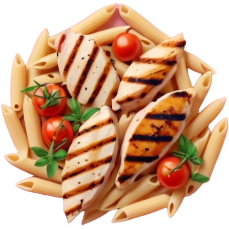 penne with cherry tomatoes and grilled chicken on a pastel pink plate emoji