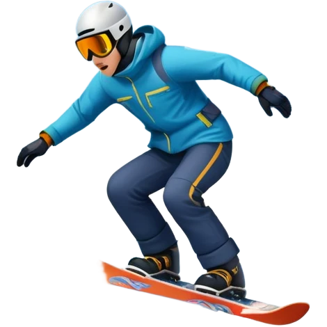 An icon showing a snowboarder performing an exciting jump on a snow-covered slope. The background features towering mountains, snow-covered trees, and a bright, clear sky. Transparent background highlights the speed, agility, and thrill of snowboarding. emoji