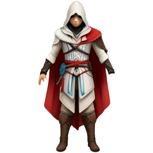 icon featuring Assasin's Creed in an iconic assassin's hood, standing tall against the backdrop of Florence. The design captures the essence of adventure, with intricate details of historical architecture and a sense of mystery. The character is poised, ready for action. transparent background. emoji